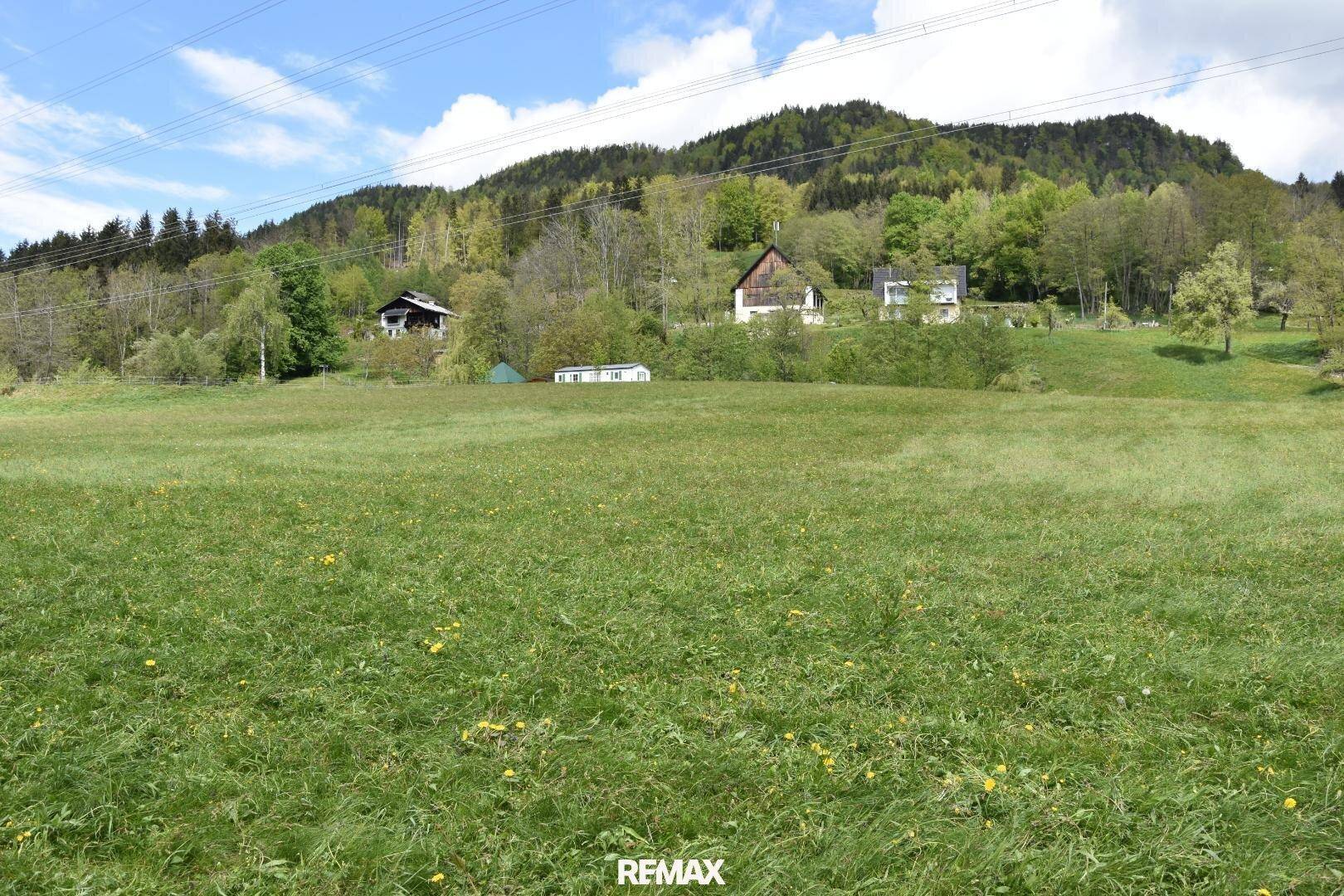 Weitläufige grüne Wiesenfläche mit vereinzelten Häusern und bewaldeten Hügeln im Hintergrund.