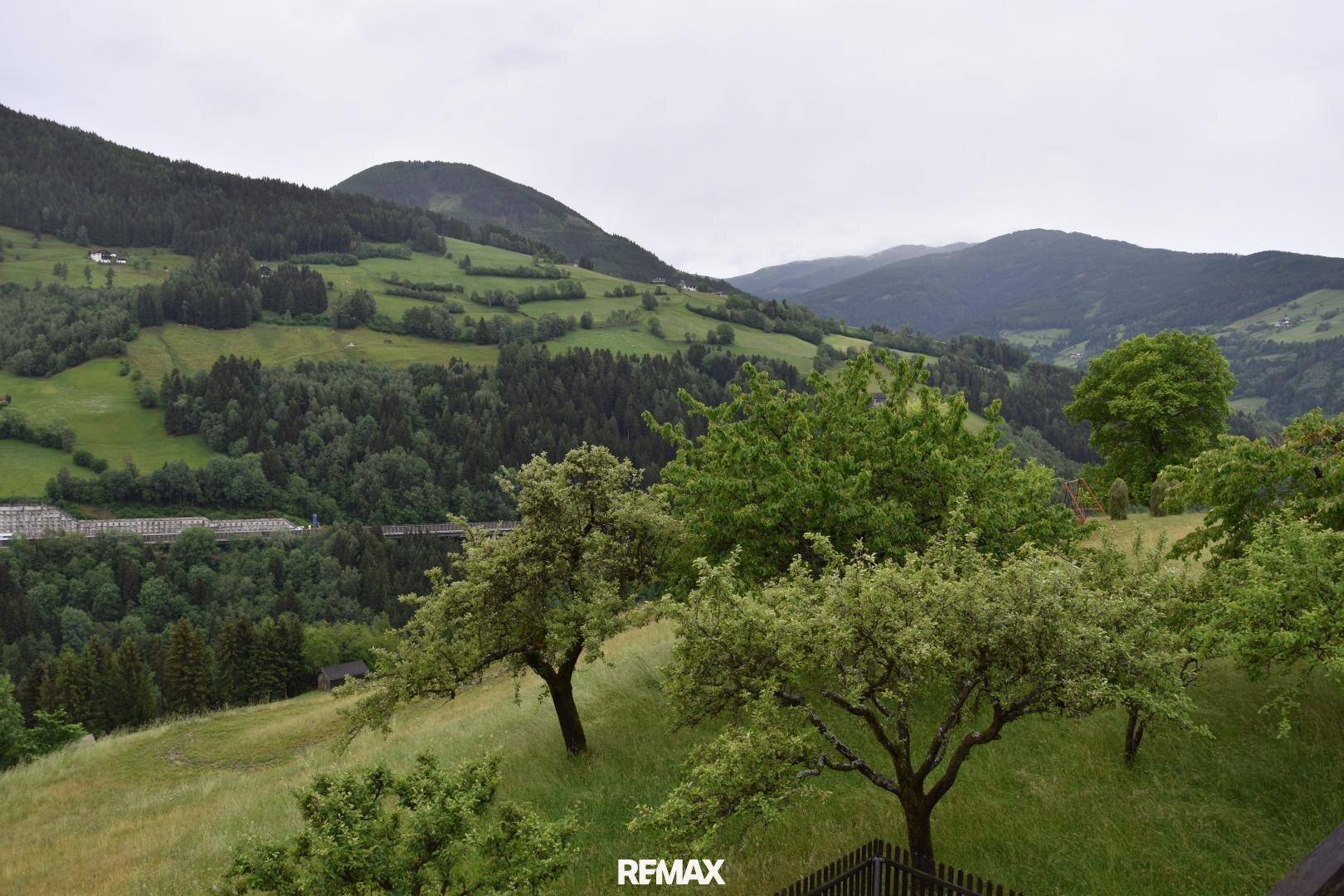 Malerischer Ausblick auf sanfte grüne Hügel und bewaldete Berge unter einem bewölkten Himmel.