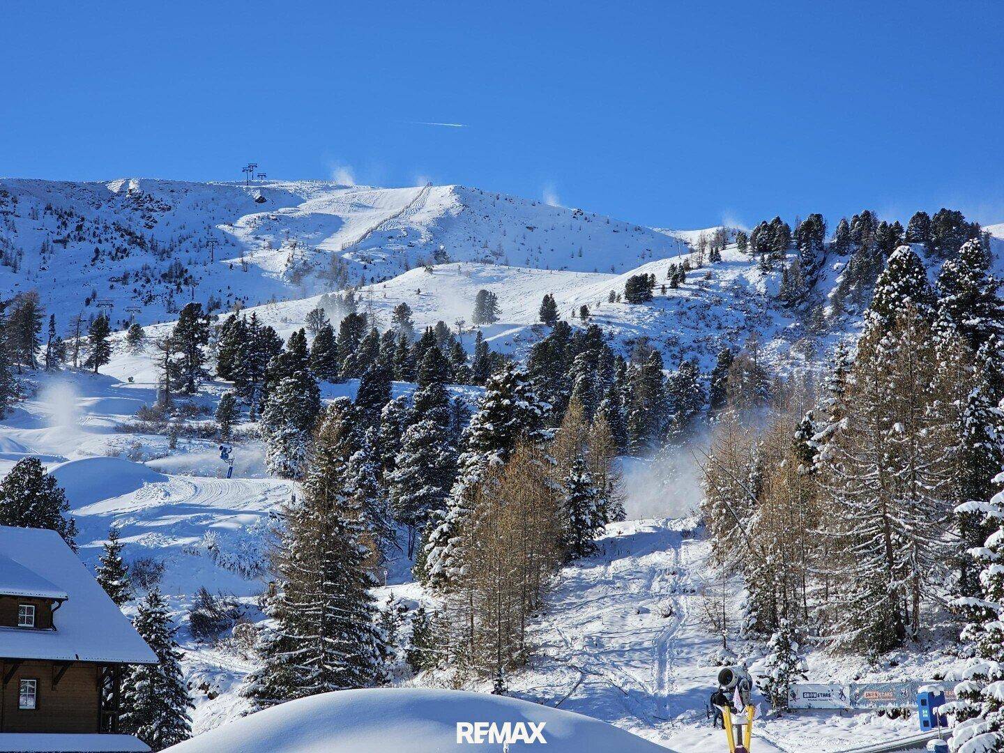 Weitläufige, schneebedeckte Skipisten in einer Berglandschaft mit Nadelbäumen und Skiliften.