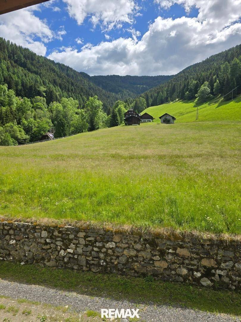 Idyllische grüne Landschaft mit einer Steinmauer, weiten Wiesen und bewaldeten Hügeln unter blauem Himmel.