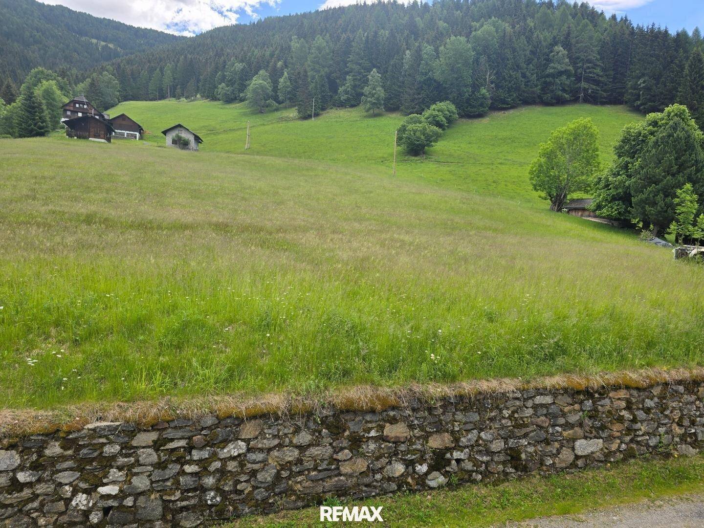 Weitläufige grüne Wiese mit einem traditionellen Steinwall im Vordergrund und bewaldeten Hügeln im Hintergrund.