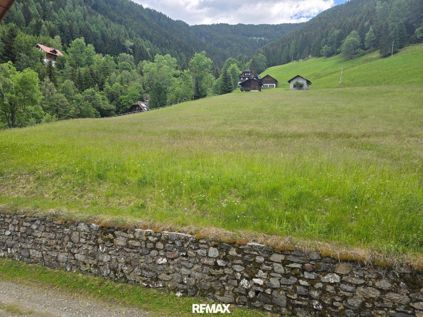 Ruhige grüne Landschaft mit einer Steinmauer, weiten Wiesen und traditionellen Häusern am Waldrand.