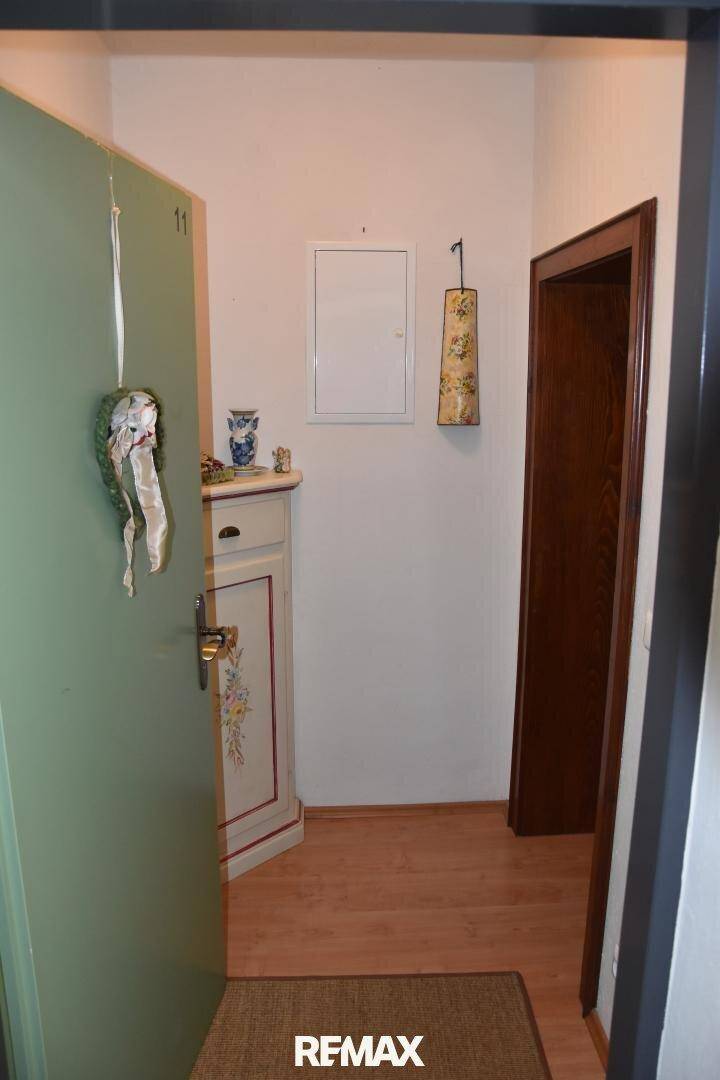 Eingangsbereich mit hellem Holzboden, einer grünen Tür und einem kleinen Schrank.