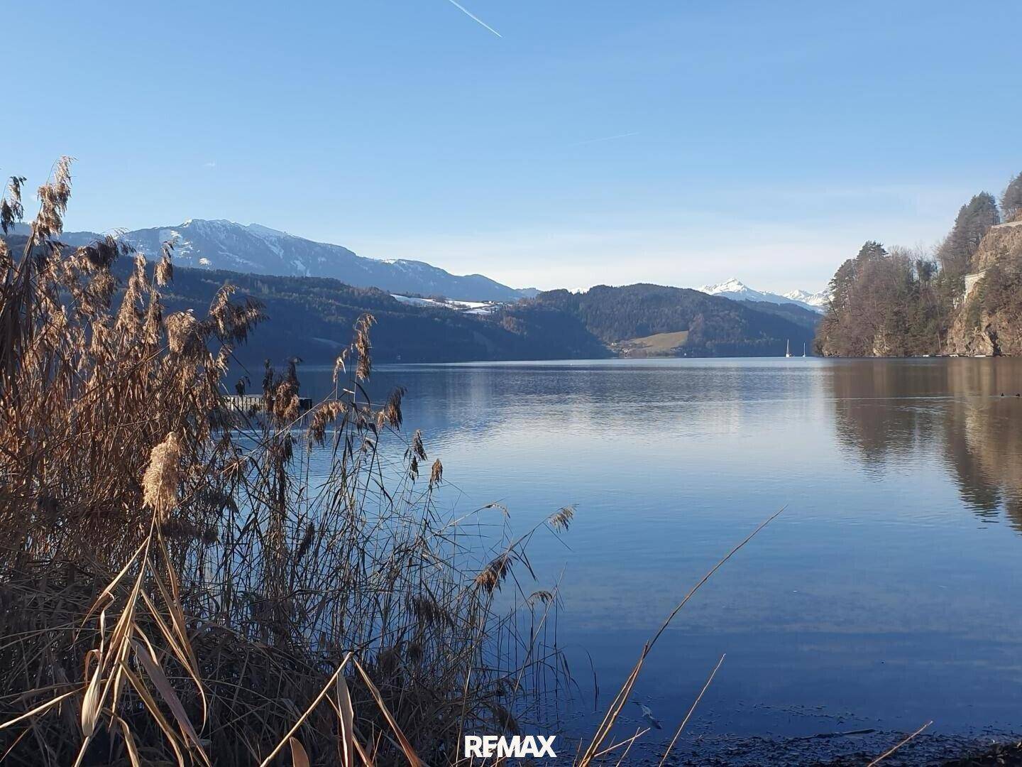 Klarer See mit Schilf im Vordergrund und schneebedeckten Bergen in der Ferne.