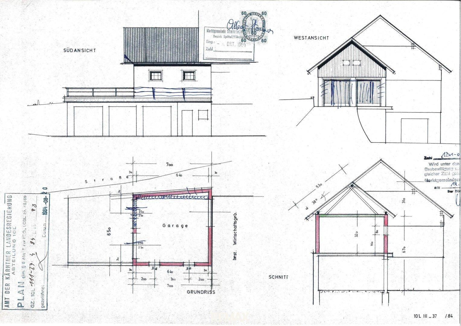 Detaillierter Bauplan mit Ansichten und Grundriss einer Garage, inklusive Schnittzeichnungen und Maßen.