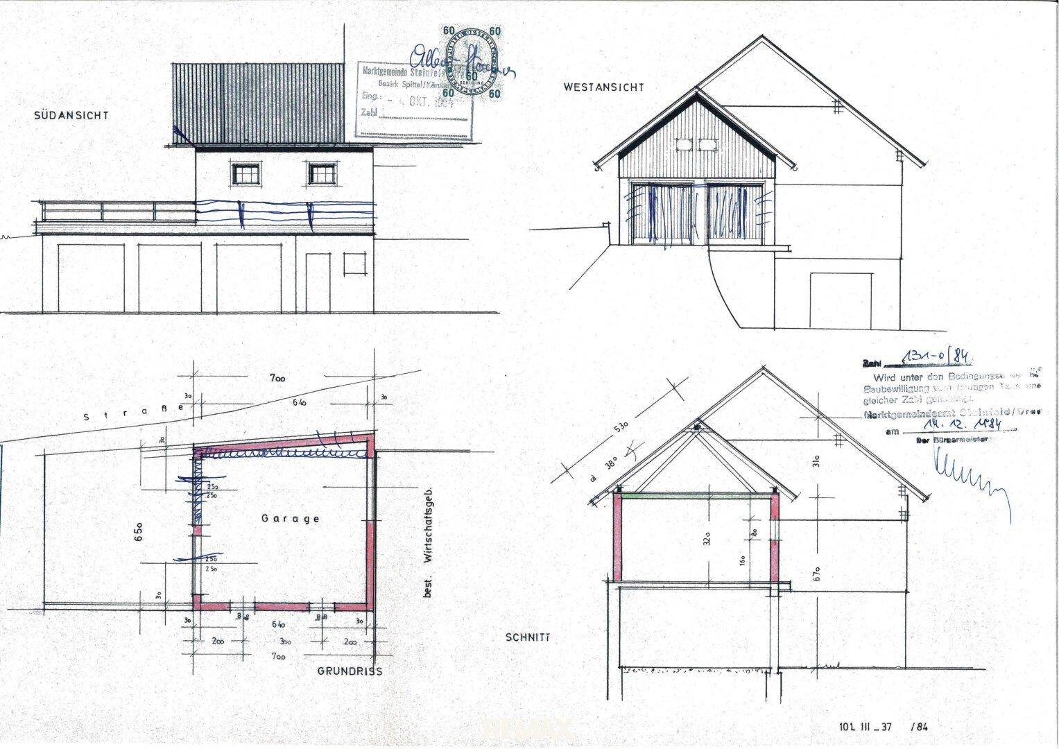Architektonische Zeichnung mit Süd- und Westansicht sowie Grundriss einer Garage und Schnittdarstellung.