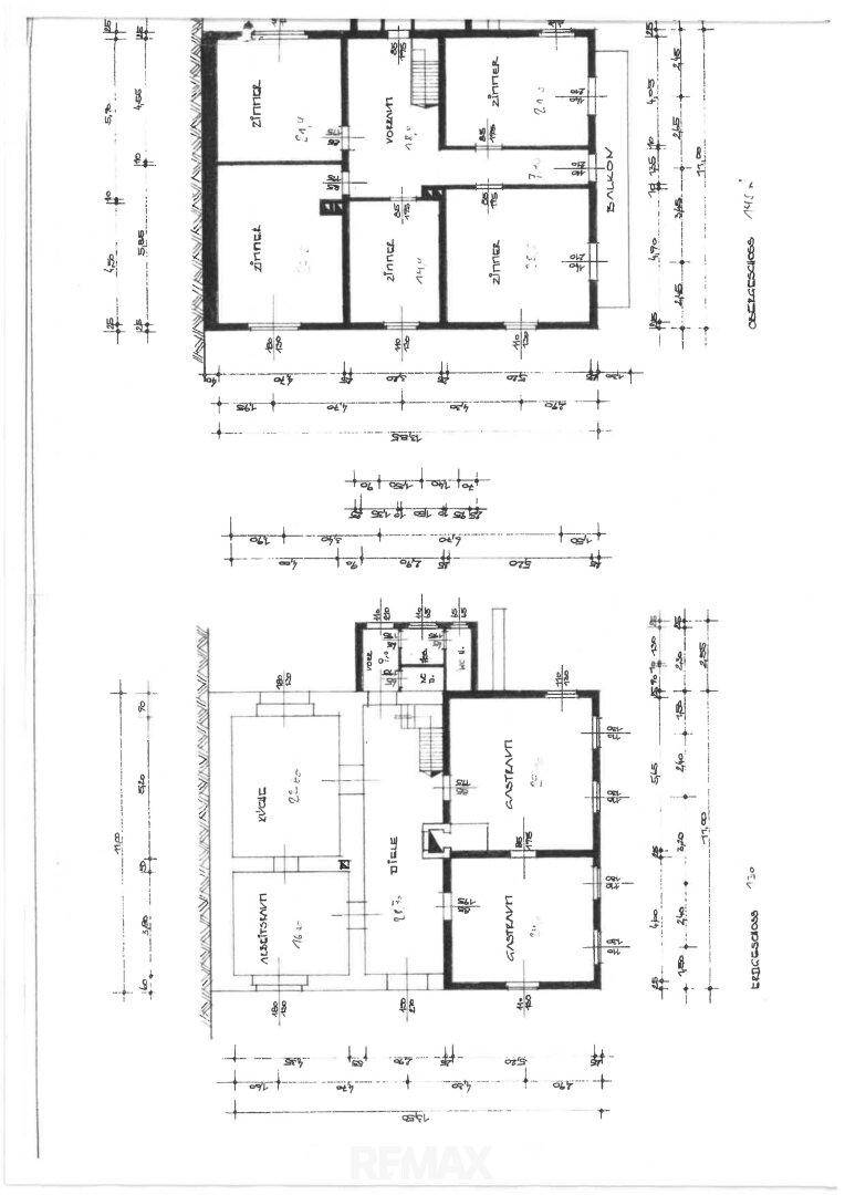 Grundrisspläne von zwei Etagen mit mehreren Zimmern, Vorraum und Balkon, inklusive Bemaßungen.
