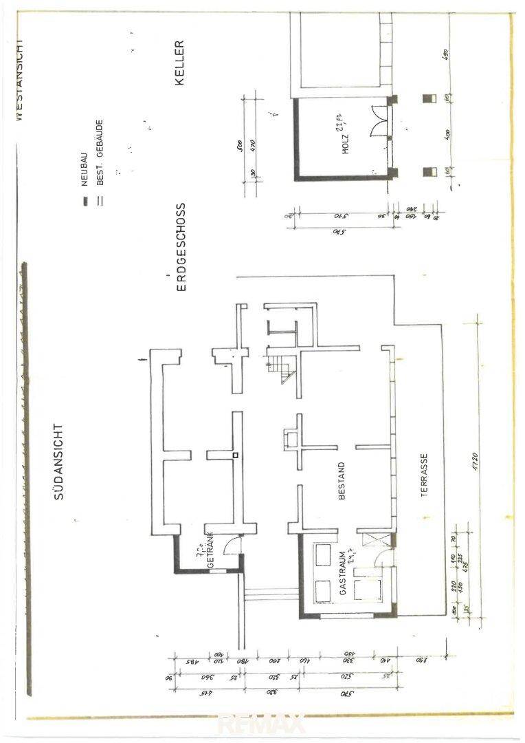 Grundriss des Erdgeschosses und Kellers mit Gastraum und Terrasse, inklusive Neubau- und Bestandsbereichen.