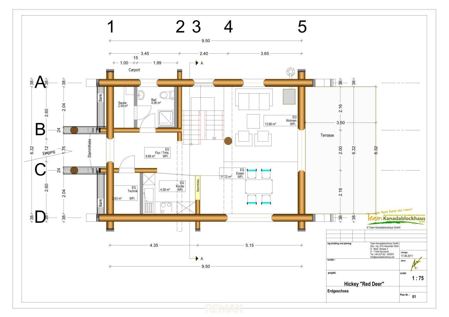Grundriss des Erdgeschosses mit offenem Wohnbereich, Küche, Sauna und Terrasse.