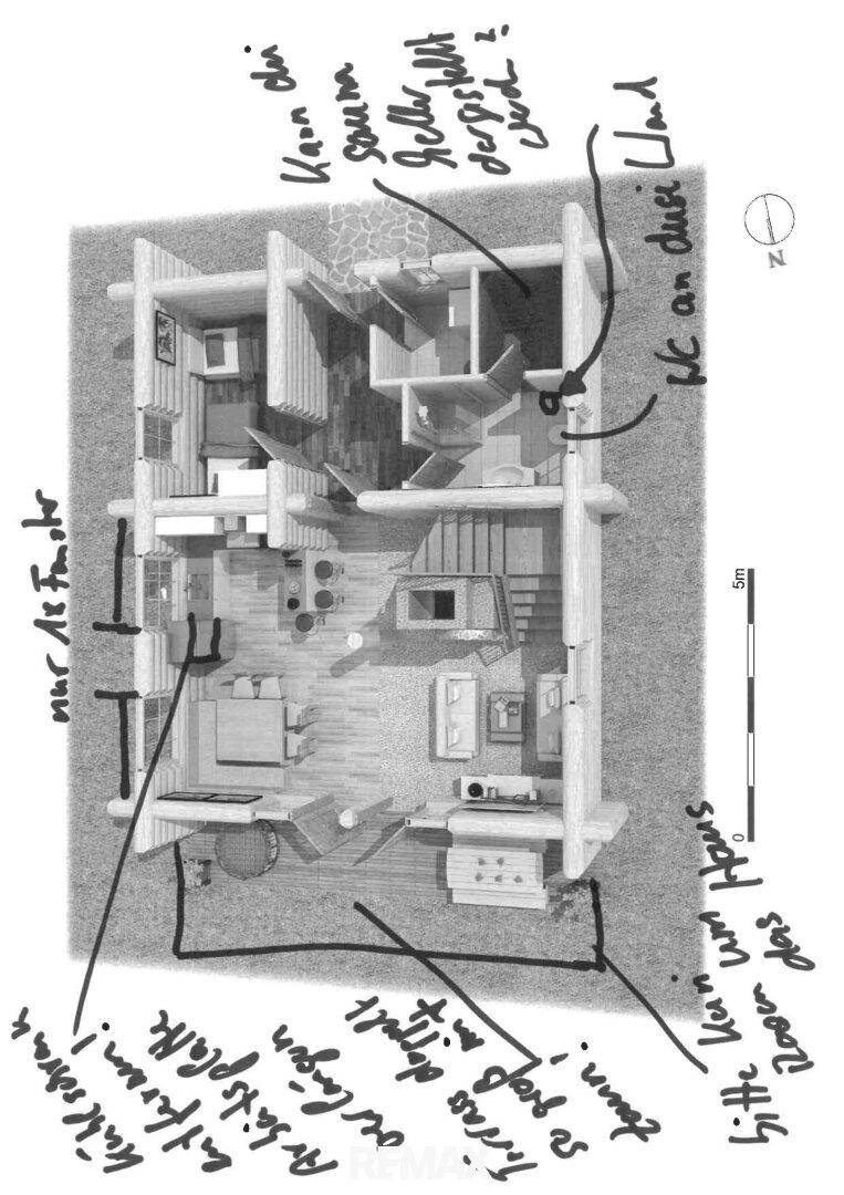 Detaillierter Grundriss eines Hauses mit eingezeichneten Möbeln und handschriftlichen Notizen.