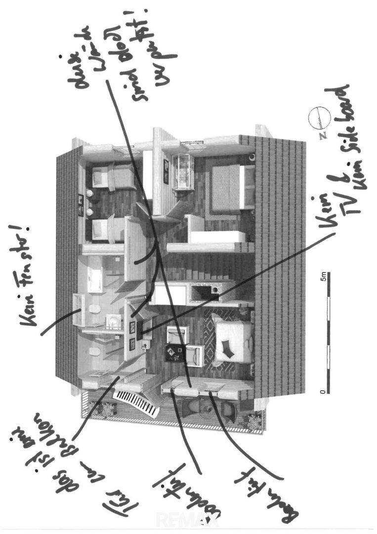 Grundriss einer oberen Etage mit Schlafzimmern, Bad und Zugang zu einem Balkon.