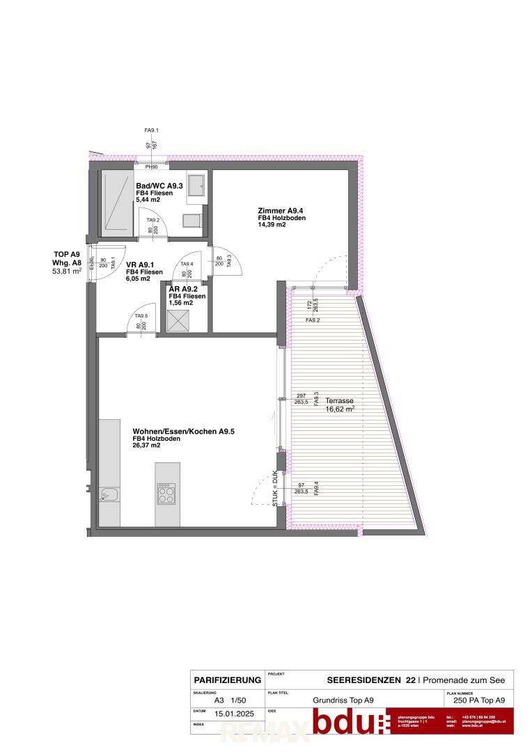 Grundriss einer Wohnung mit Wohn-/Ess-/Kochbereich, Schlafzimmer und Terrasse.