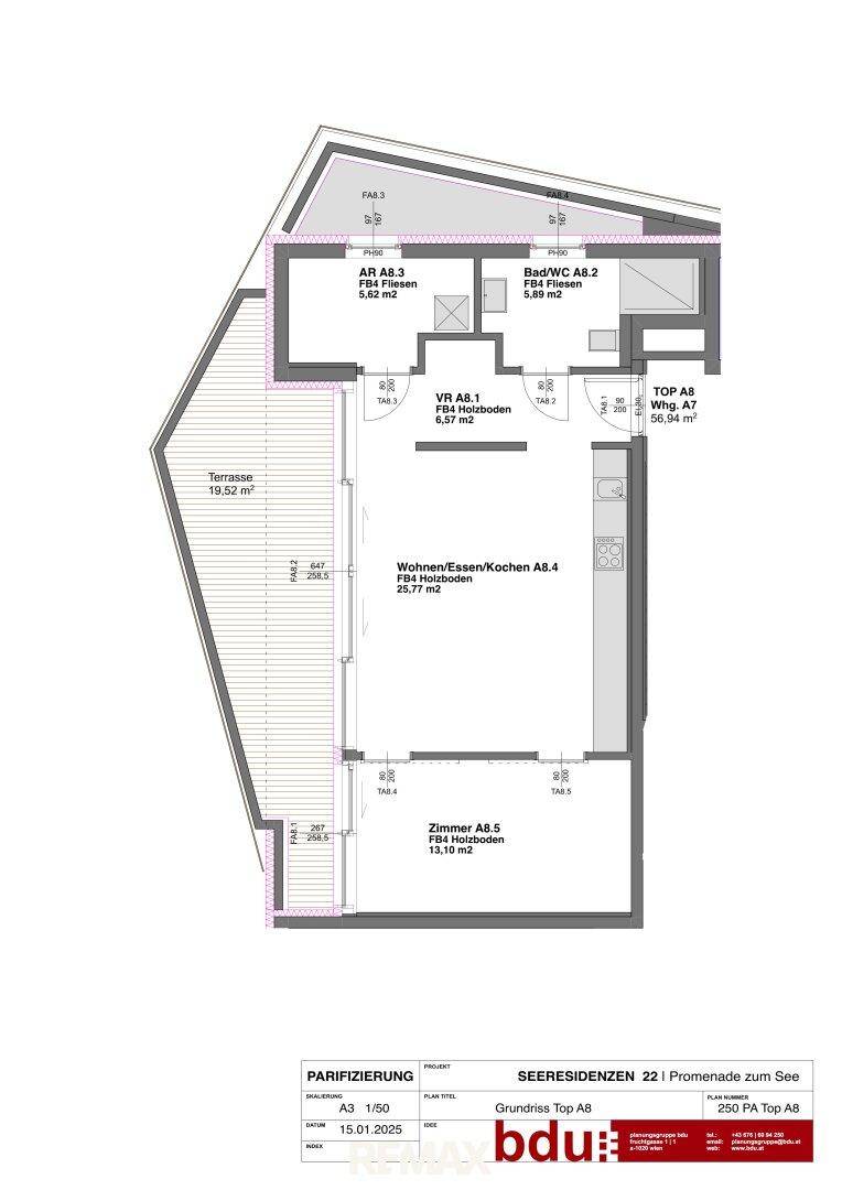 Grundriss einer Wohnung mit Terrasse, offenem Wohn-Ess-Kochbereich und einem weiteren Zimmer.