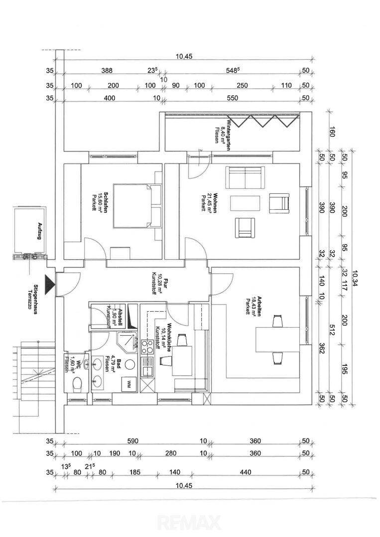 Detaillierter Grundriss einer Wohnung mit Schlafzimmer, Wohnküche, Wintergarten, Bad und separatem WC, inklusive Aufzugzugang.