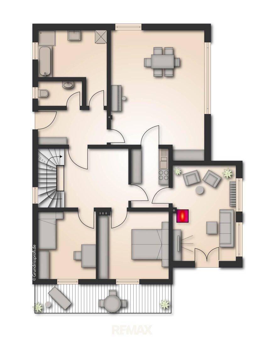 Grundriss des Erdgeschosses mit Wohnbereich, Küche, Bad und Balkon.