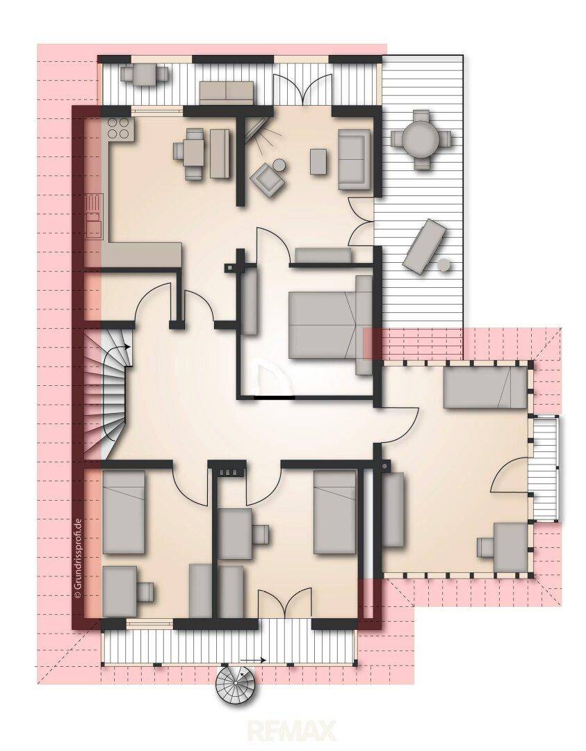 Grundriss des Obergeschosses mit Schlafzimmern, Bad und Dachschrägen.