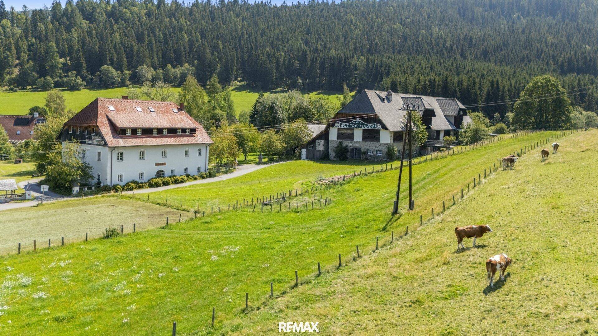 Weitläufiges Anwesen mit traditionellen Gebäuden, umgeben von saftigen Wiesen und bewaldeten Hügeln.