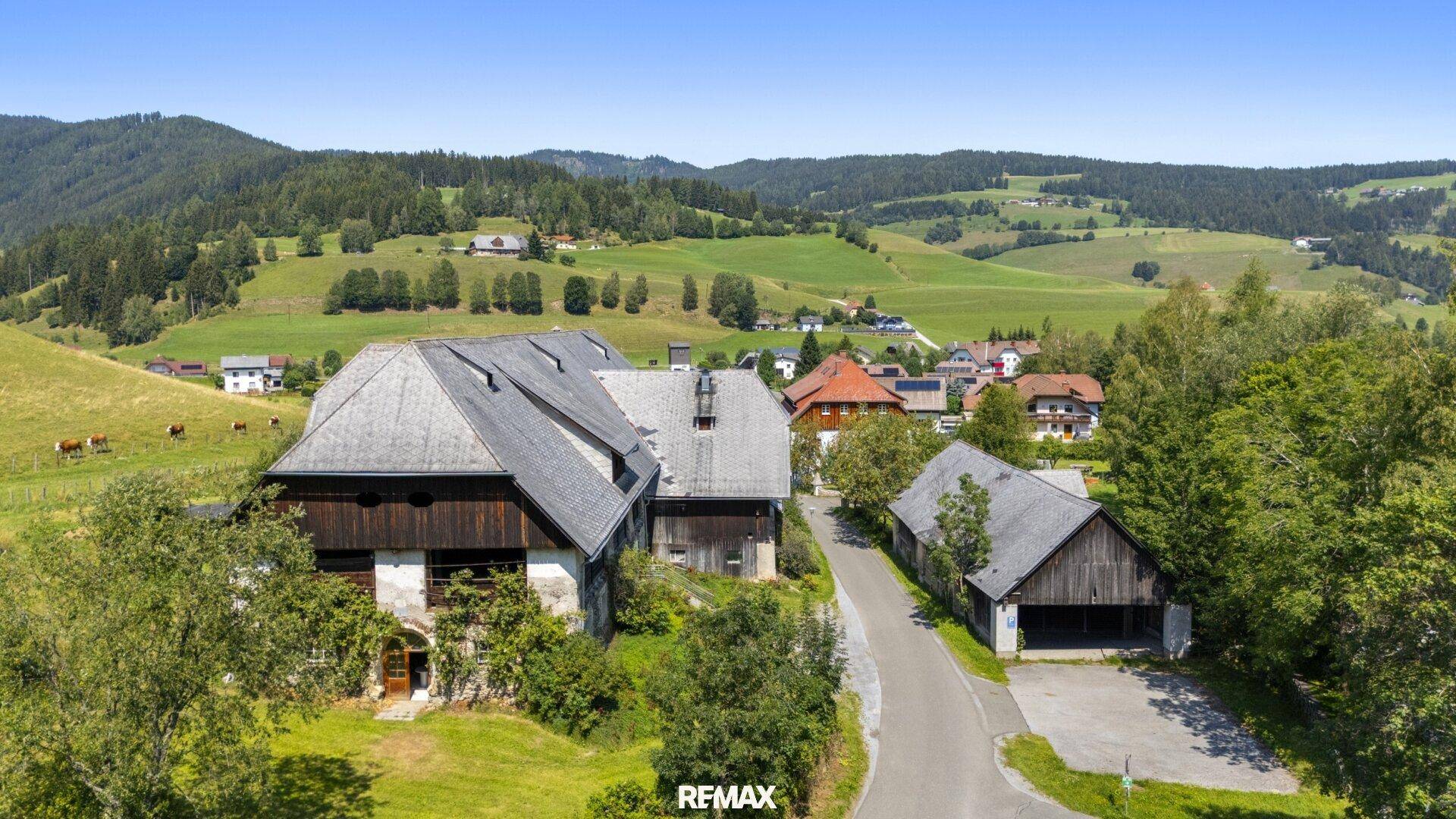 Ländliches Anwesen mit mehreren traditionellen Gebäuden und Scheunen, umgeben von grüner Natur.