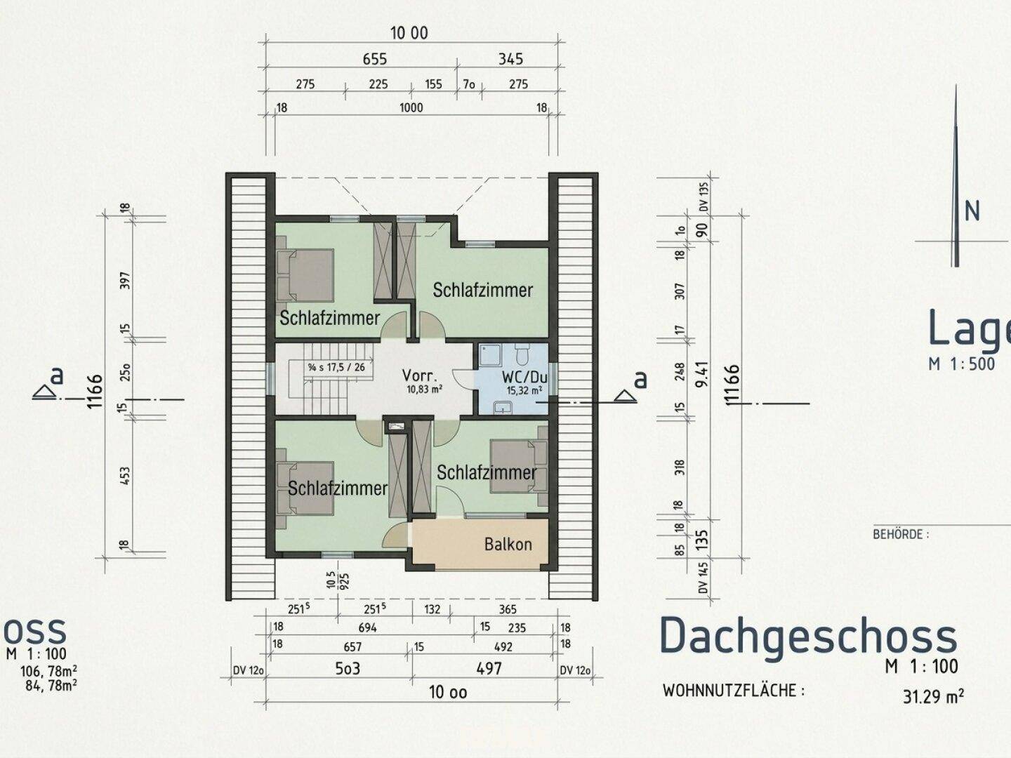Grundriss des Dachgeschosses mit drei Schlafzimmern, einem Bad mit Dusche und einem Balkon.