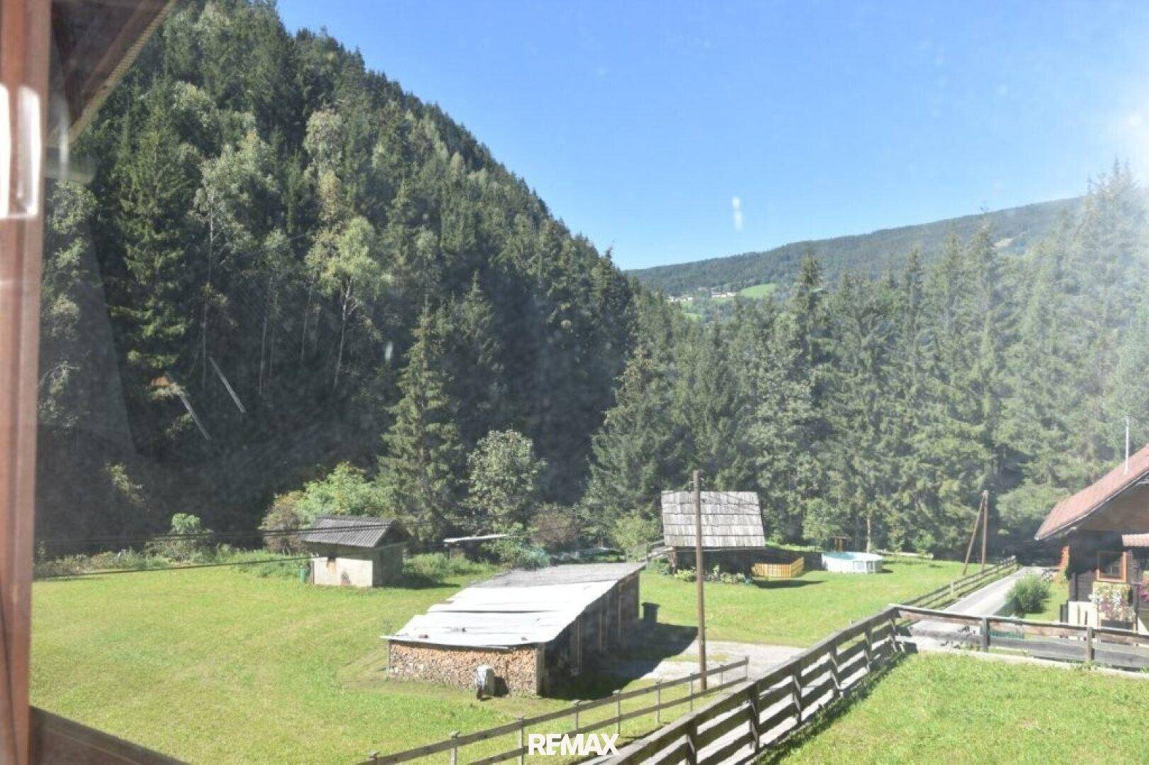 Weitläufiger Blick auf grüne Wiesen und dichte Wälder in einer bergigen Landschaft.