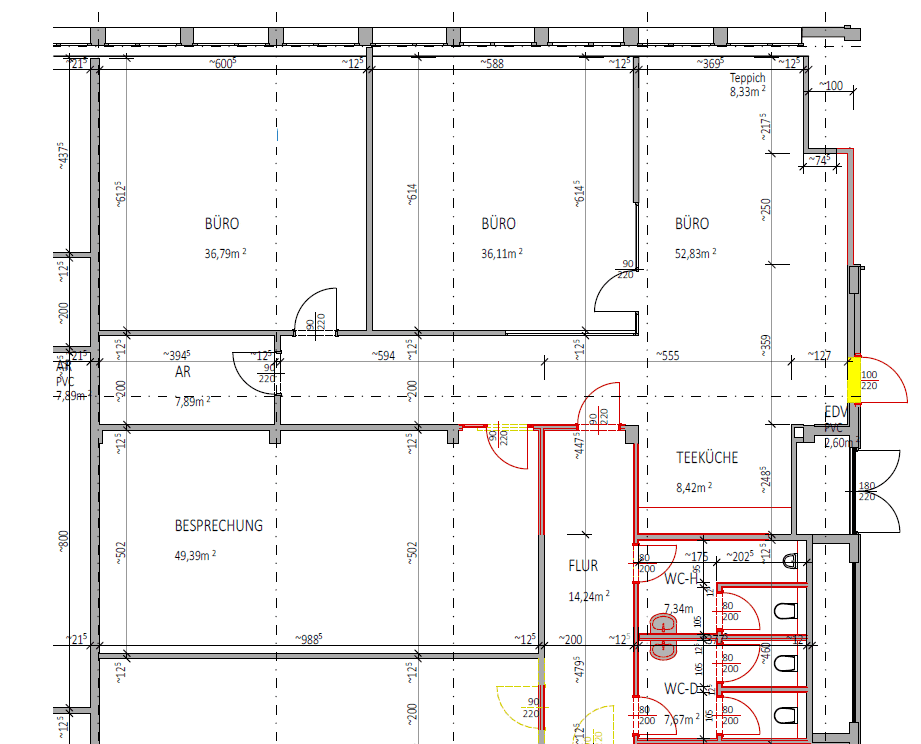 Detaillierter Grundriss mit Büros, Besprechungsraum, Teeküche und Sanitäranlagen.