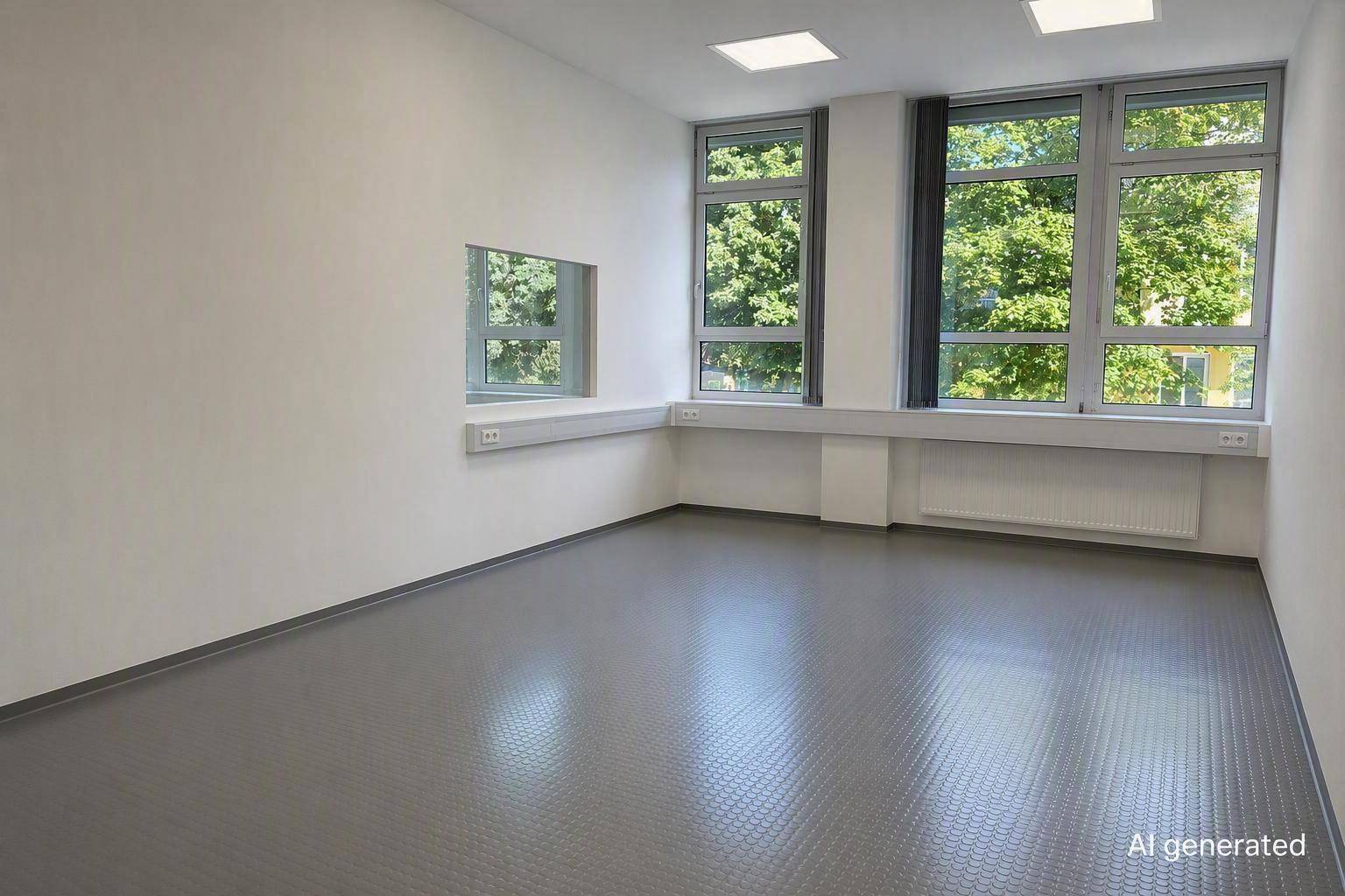 Leeres, helles Büro mit großen Fenstern, Blick ins Grüne und grauem Bodenbelag.