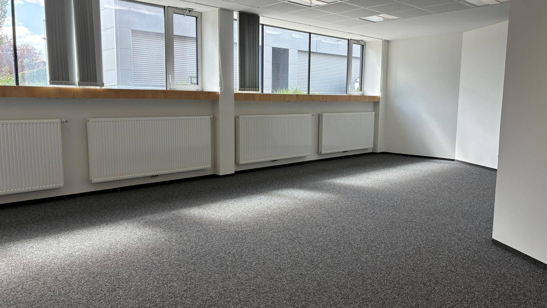 Leerer Büroraum mit grauem Teppichboden und breiten Fenstern, die den Raum mit natürlichem Licht füllen.