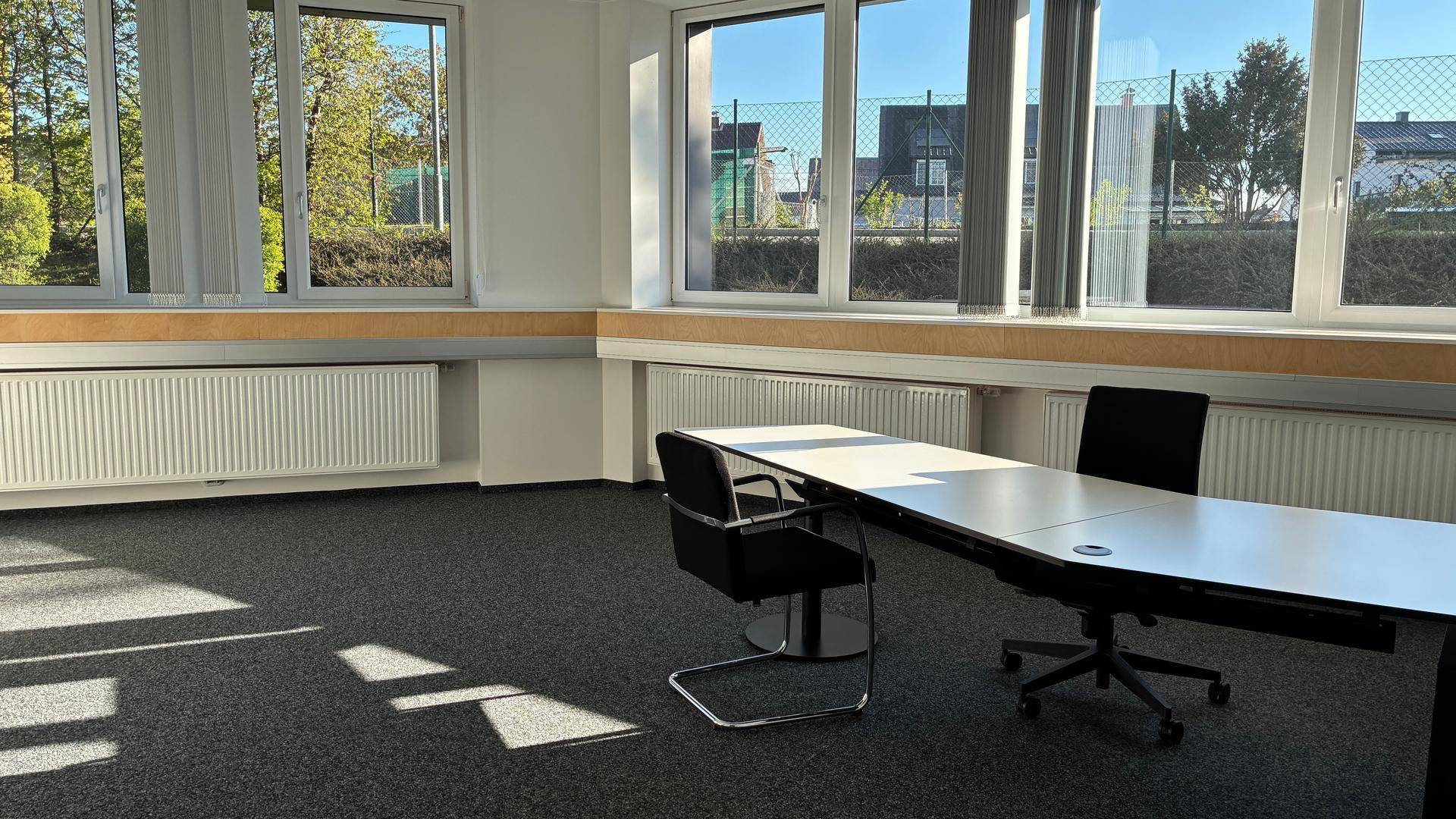 Konferenzraum mit grauem Teppichboden, einem langen Tisch und Stühlen, beleuchtet durch große Fenster.
