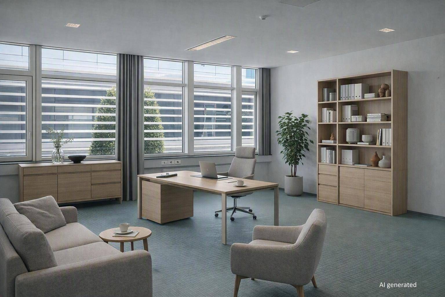 Helles Büro mit modernem Schreibtisch, bequemer Sitzecke und großem Bücherregal, durchflutet von Tageslicht.