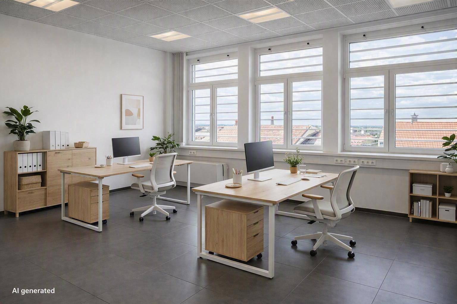Helles und modernes Büro mit zwei Arbeitsplätzen, Holzmöbeln und großen Fenstern, die viel Tageslicht hereinlassen.