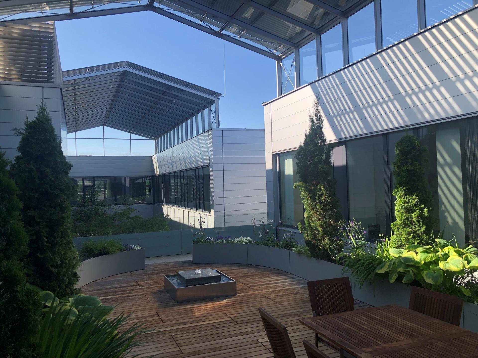 Grüne Dachterrasse mit Holzboden, Sitzgelegenheiten und Pflanzen, umgeben von moderner Gebäudearchitektur.