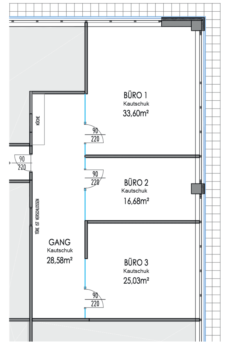 Grundrissplan zeigt drei Büroräume, einen Flur und eine kleine Küche mit Gummiboden.