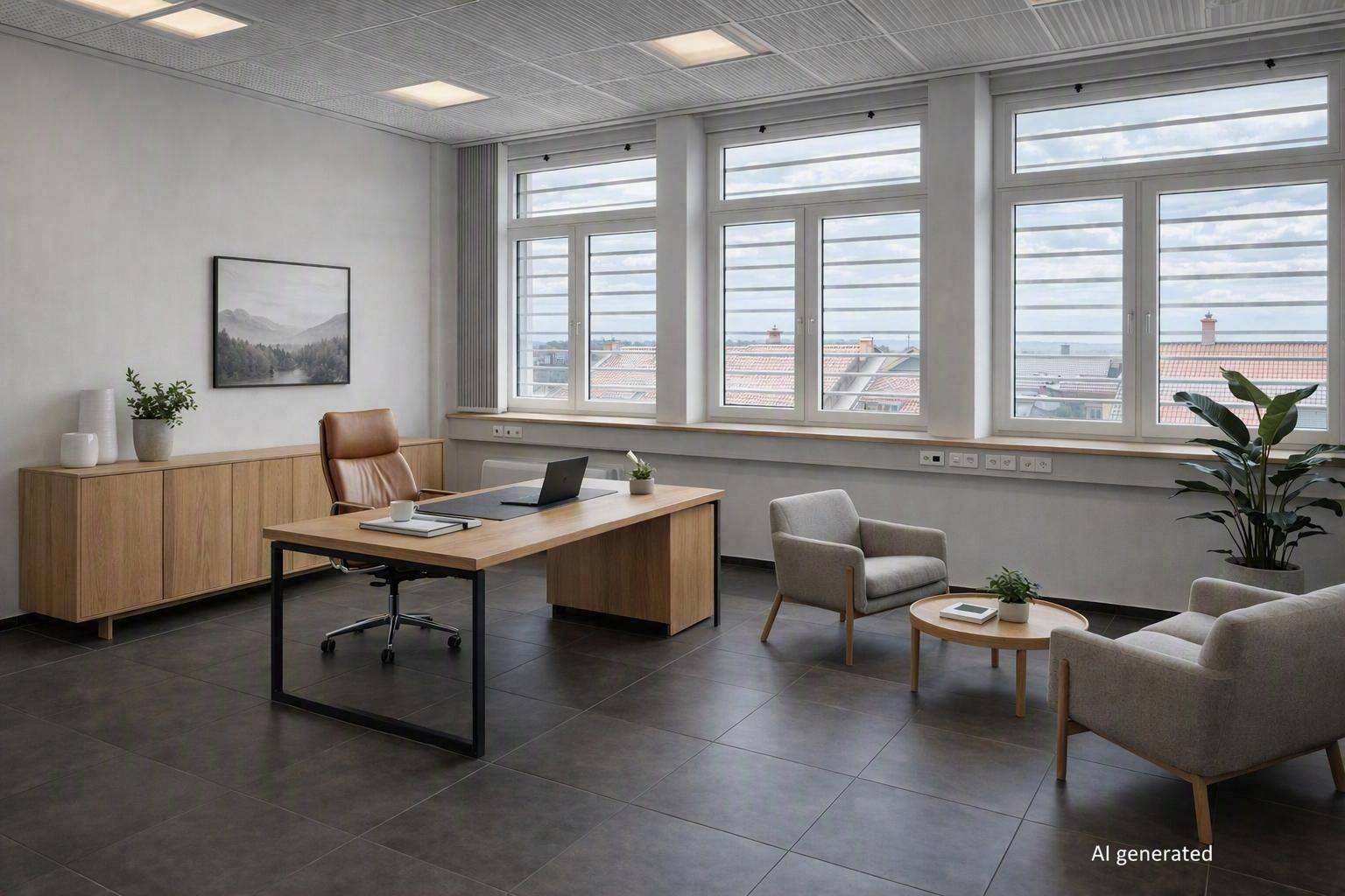 Modernes Büro mit einem großen Schreibtisch, bequemen Sesseln und viel Tageslicht durch die breiten Fenster.