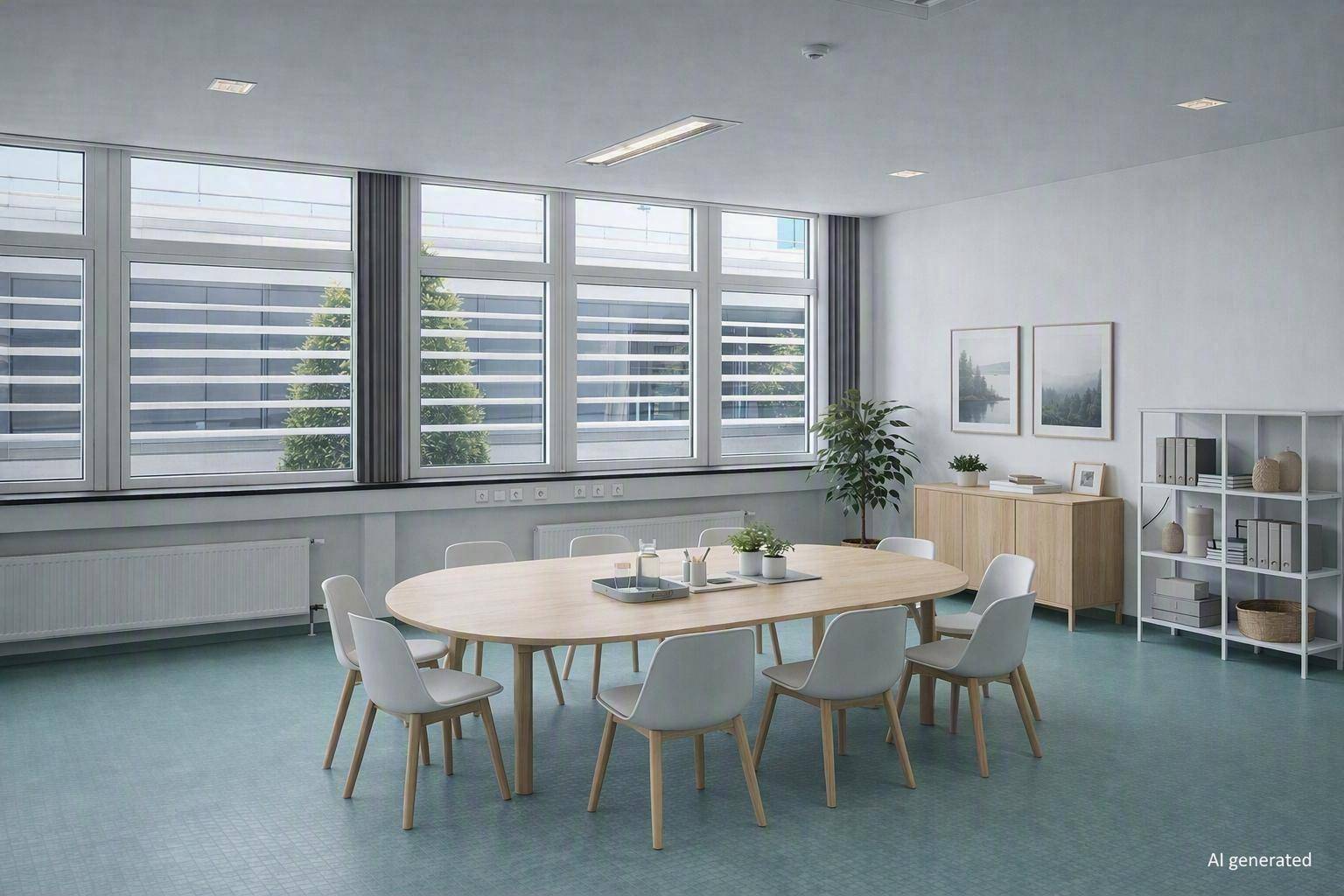 Konferenzraum mit ovalem Holztisch und modernen Stühlen, ideal für Besprechungen, mit viel natürlichem Licht.