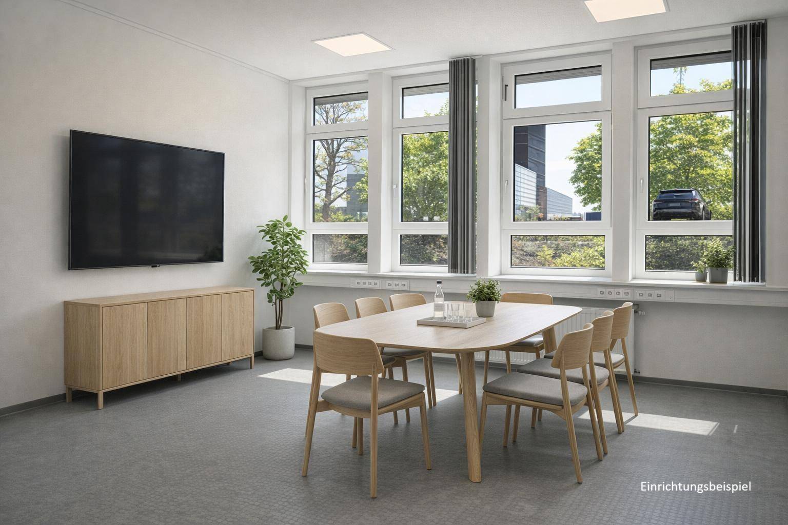 Visualisierung eines modernen Besprechungsraums mit Holztisch, Stühlen und einem großen Bildschirm an der Wand.