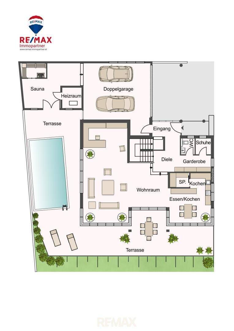 Grundriss des Erdgeschosses mit Wohnbereich, Küche, Doppelgarage, Sauna und Terrassen.