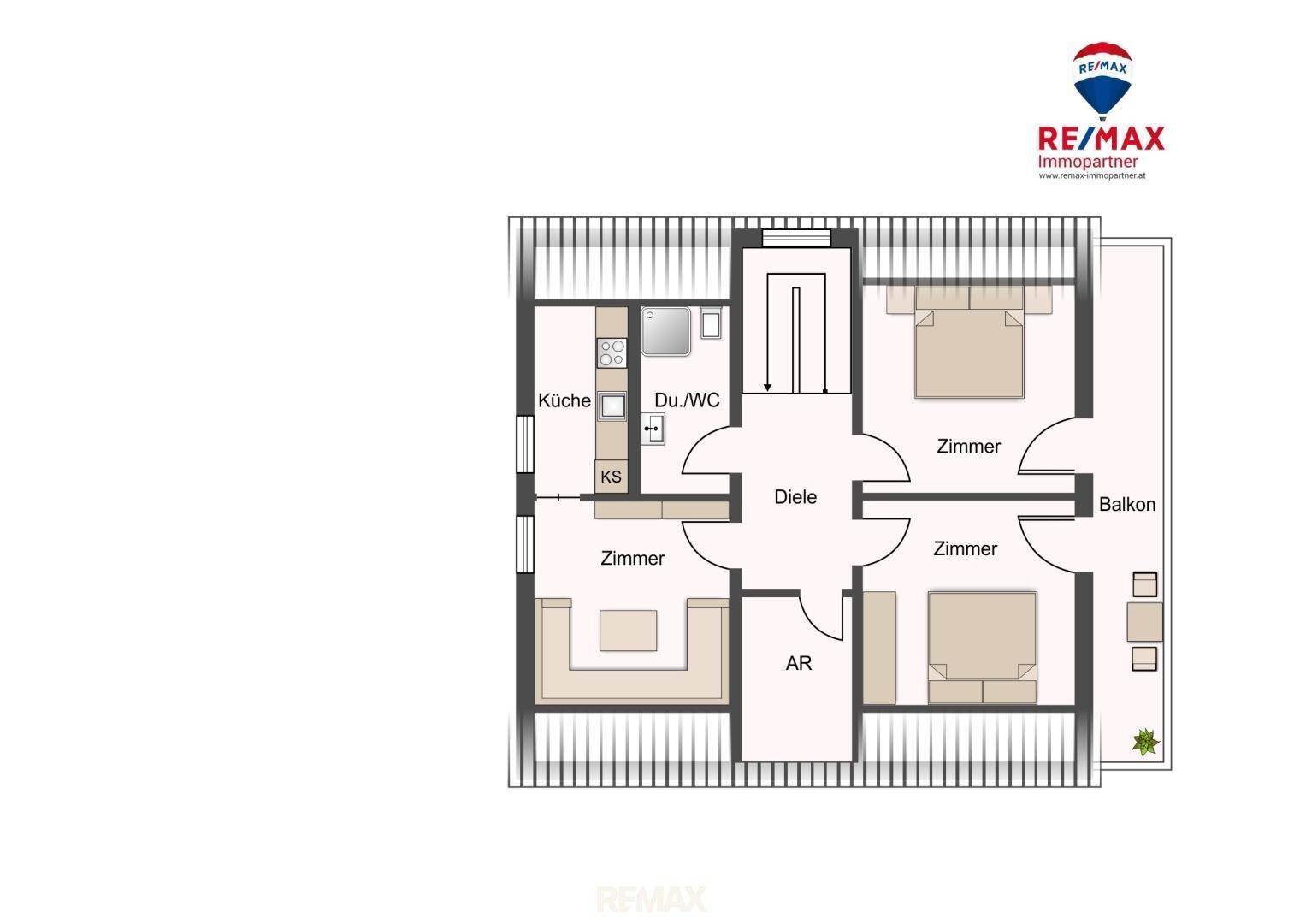 Grundrissplan einer Wohnung mit Küche, Bad, Diele und zwei Zimmern sowie Balkon.
