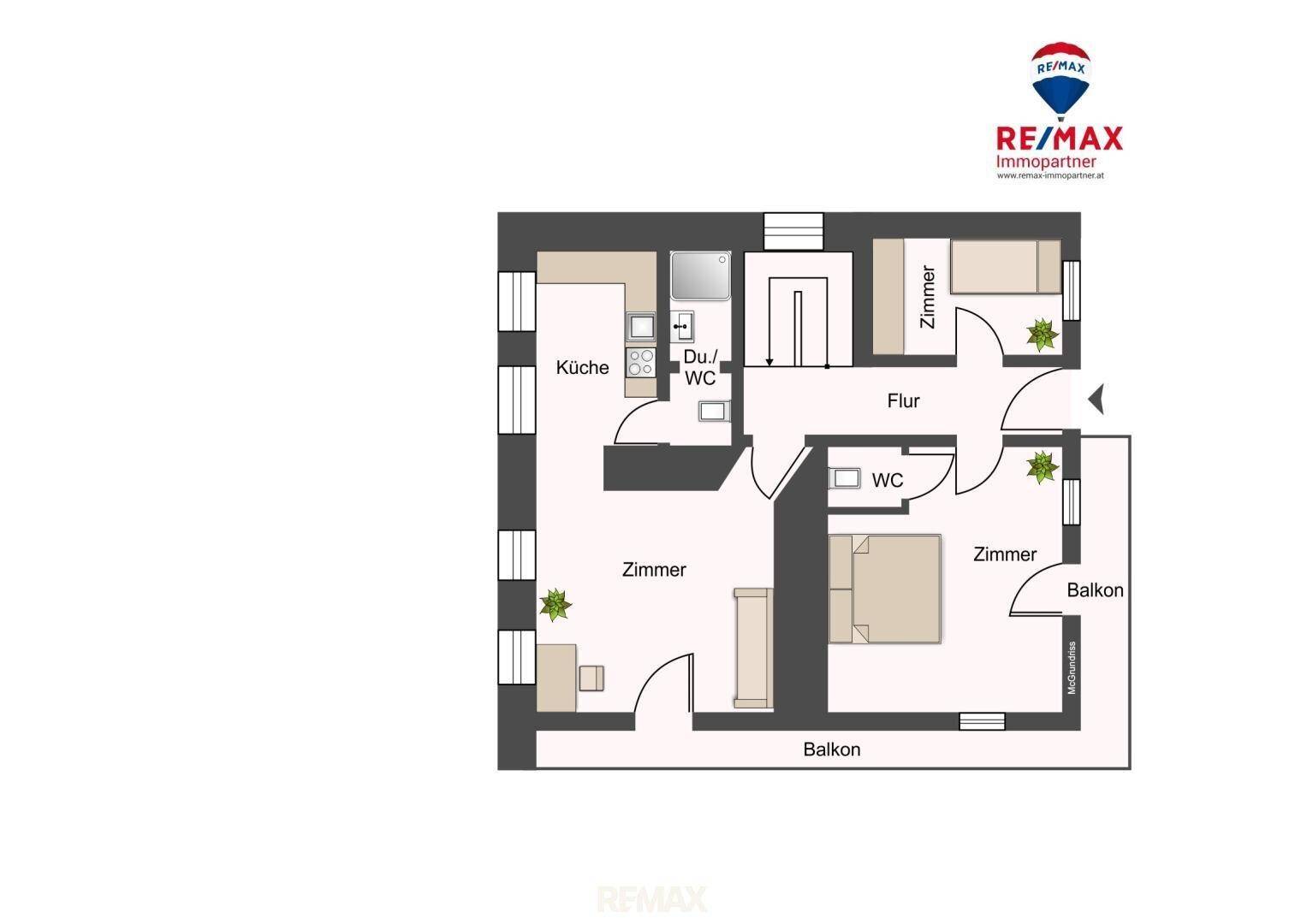 Grundrissplan einer Wohnung mit zwei Schlafzimmern, Küche, Bad und Balkonen.