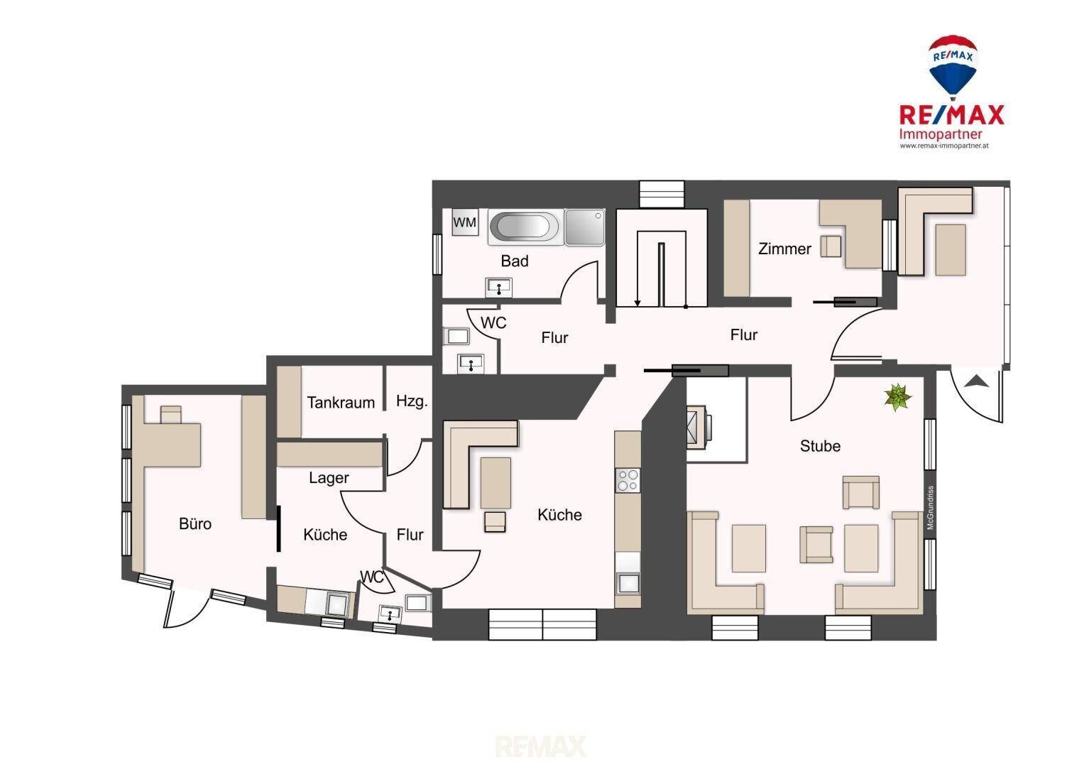 Grundrissplan mit verschiedenen Räumen wie Büro, Küche, Bad und Stube.