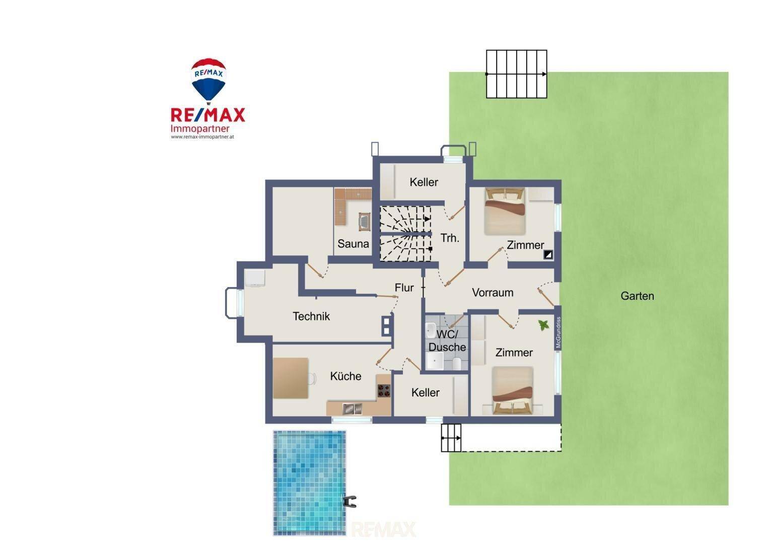 Grundriss des Erdgeschosses mit Küche, Zimmern, Sauna, Keller und Zugang zum Garten mit Pool.