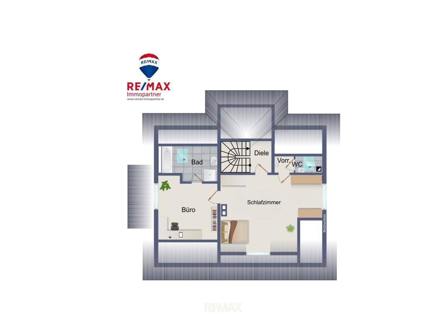Grundriss des Obergeschosses mit Schlafzimmer, Bad, Büro und separatem WC.
