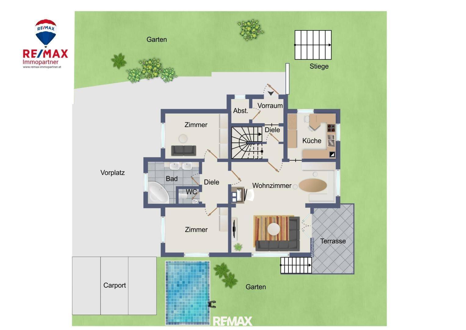 Detaillierter Grundriss des Erdgeschosses mit Wohnzimmer, Küche, Zimmern und Terrasse.