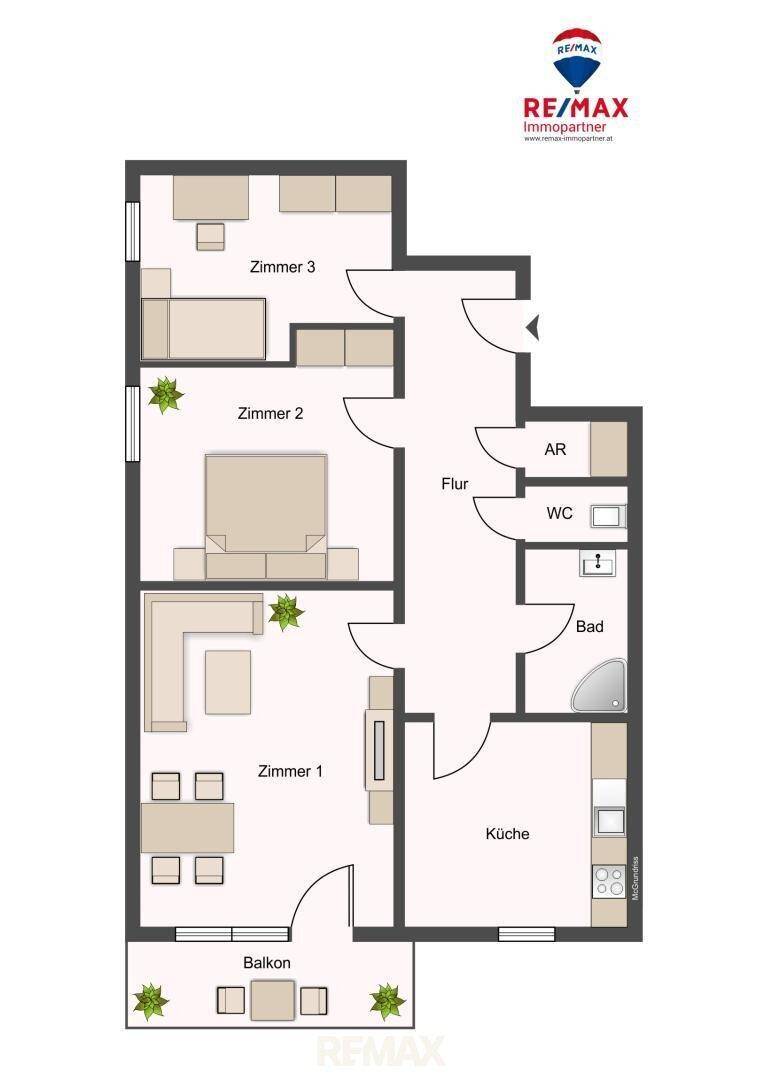 Grundriss der Wohnung mit drei Zimmern, Küche, Bad, WC und Balkon, übersichtliche Raumaufteilung.
