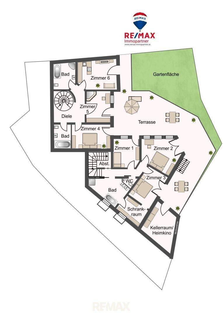 Grundriss des Dachgeschosses mit mehreren Schlafzimmern, Bädern, Terrasse und Gartenfläche.