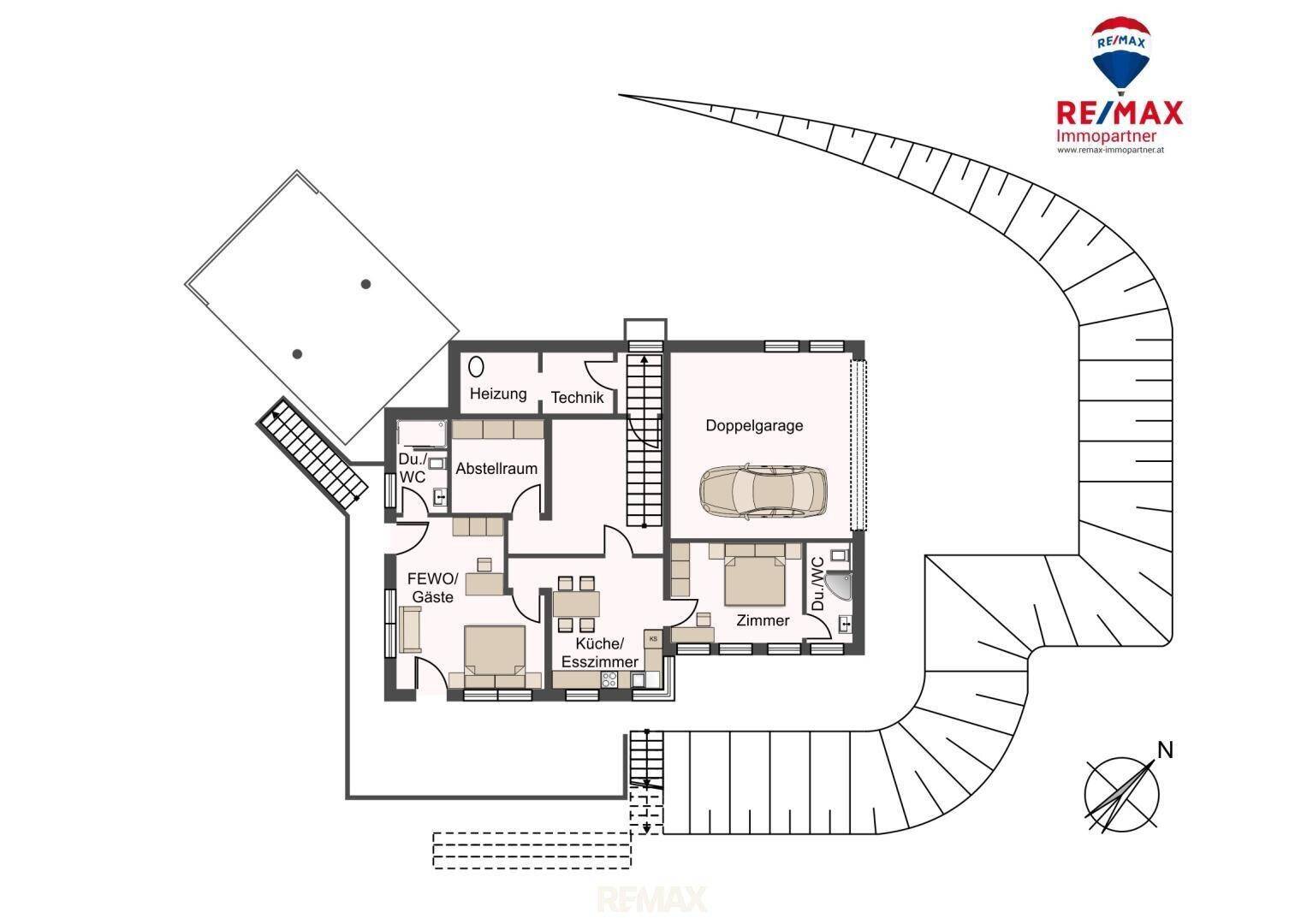 Grundriss des Untergeschosses mit Doppelgarage, Gästezimmer, Abstellraum und Heizung.