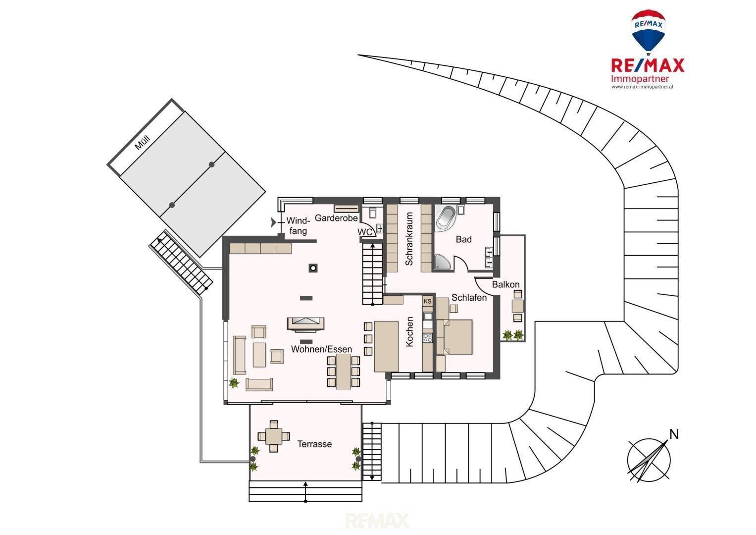 Grundriss des Erdgeschosses mit Wohn-/Essbereich, Küche, Schlafzimmer und Terrasse.