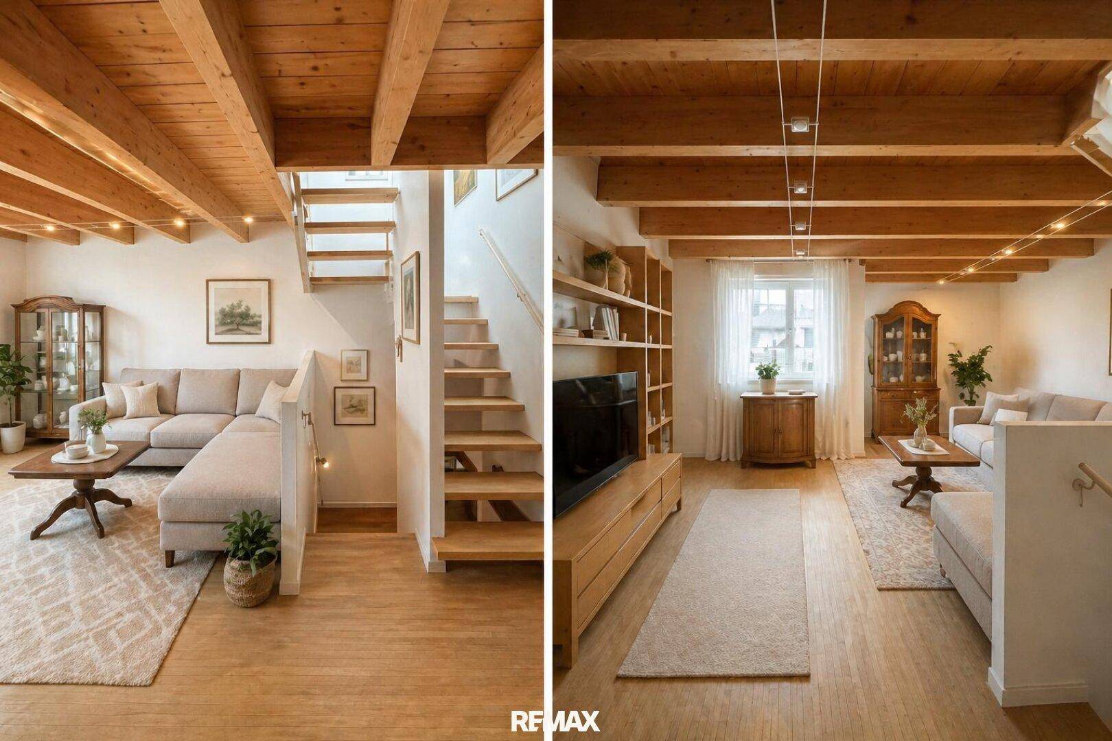 Gemütliches Wohnzimmer mit Holzbalkendecke, bequemer Couch und Holztreppe zum Obergeschoss.