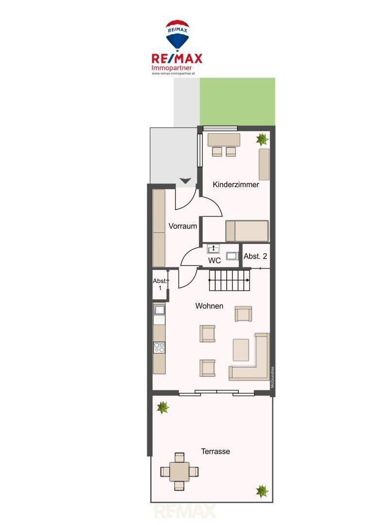 Grundriss des Erdgeschosses mit Wohnbereich, Kinderzimmer und Terrasse.