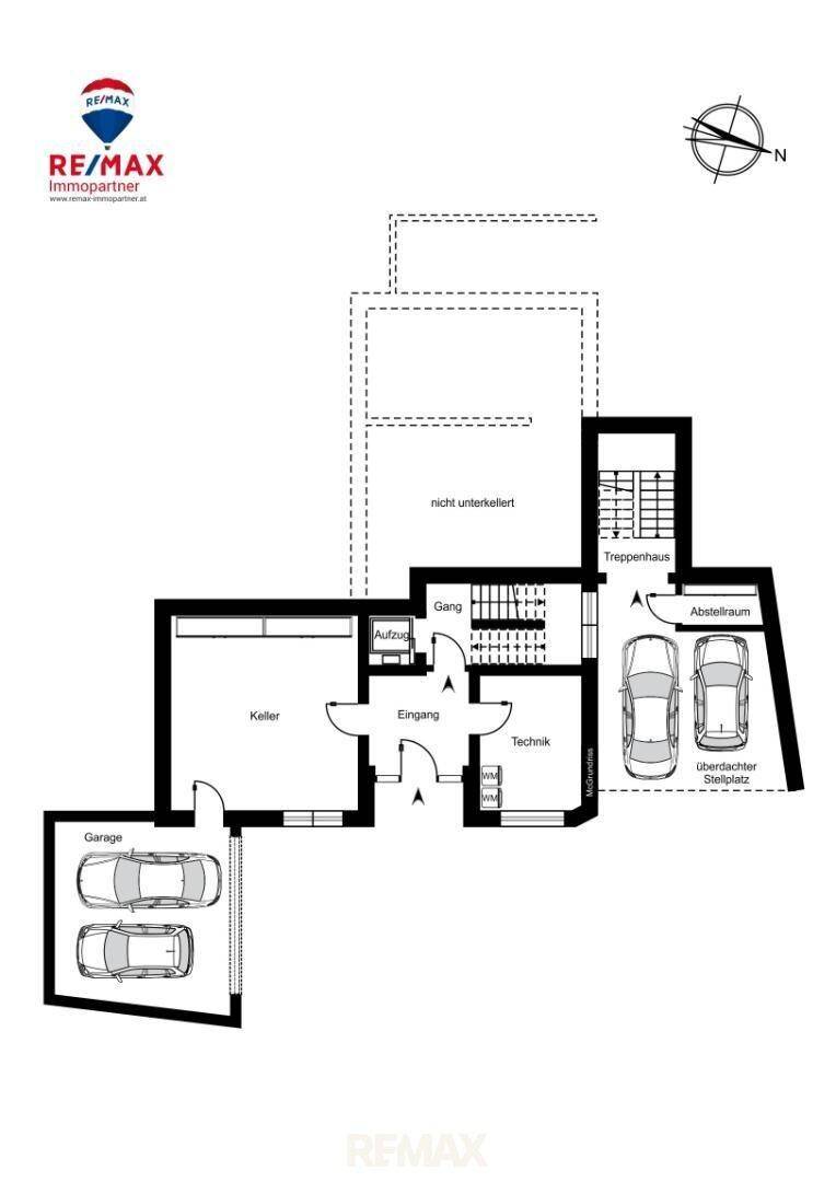 Grundrissplan des Untergeschosses mit Keller, Technikraum und Garagenstellplätzen.