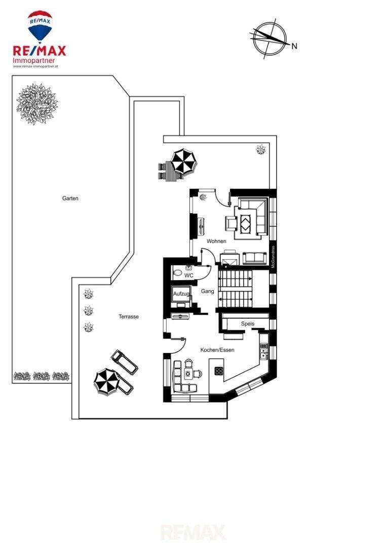 Grundrissplan des Erdgeschosses mit Wohnbereich, Küche, Terrasse und Garten.